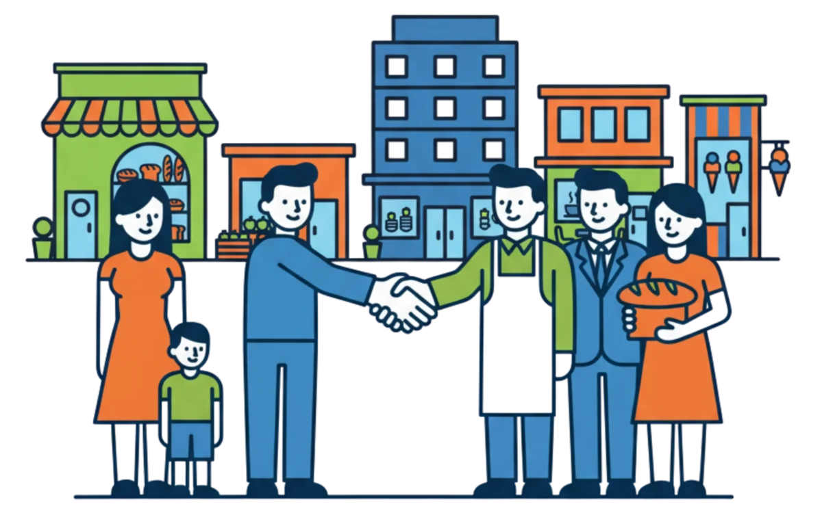 Patto tra le famiglie e le attività locali con sfondo edifici